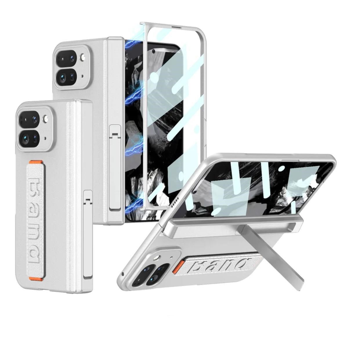 Google Pixel 9 Pro Fold (Pixel Fold 2) Slim Hard PC with Wrist Strap Lightweight Camera Protection Band Case with Front in-built Glass - Silver