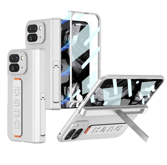 Google Pixel 9 Pro Fold (Pixel Fold 2) Slim Hard PC with Wrist Strap Lightweight Camera Protection Band Case with Front in-built Glass - Silver