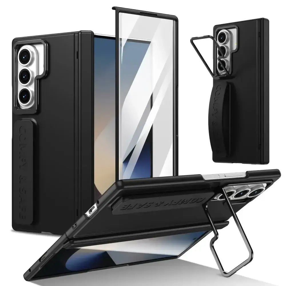 Samsung Galaxy Z Fold7 Matte Texture Hard PC Case with Hinge Protection and Silicon Strap and Inbuilt Front Glass - Black