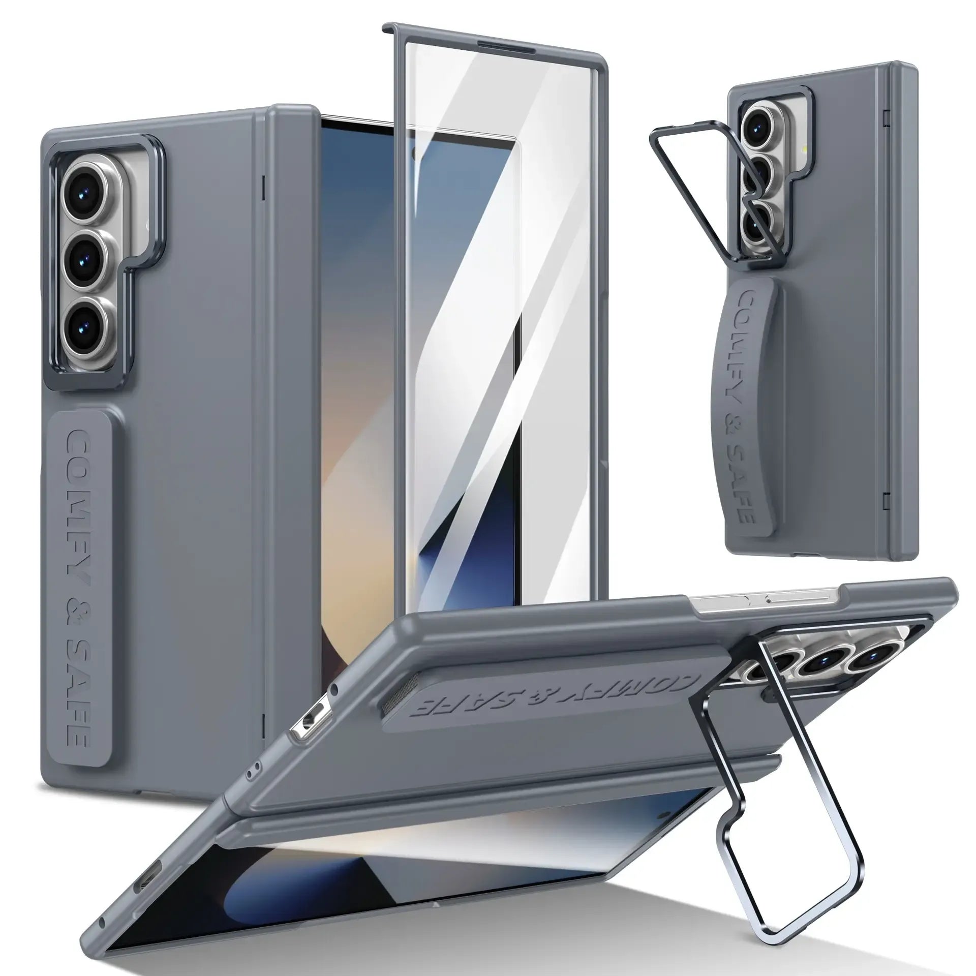 Samsung Galaxy Z Fold7 Matte Texture Hard PC Case with Hinge Protection and Silicon Strap and Inbuilt Front Glass - Grey