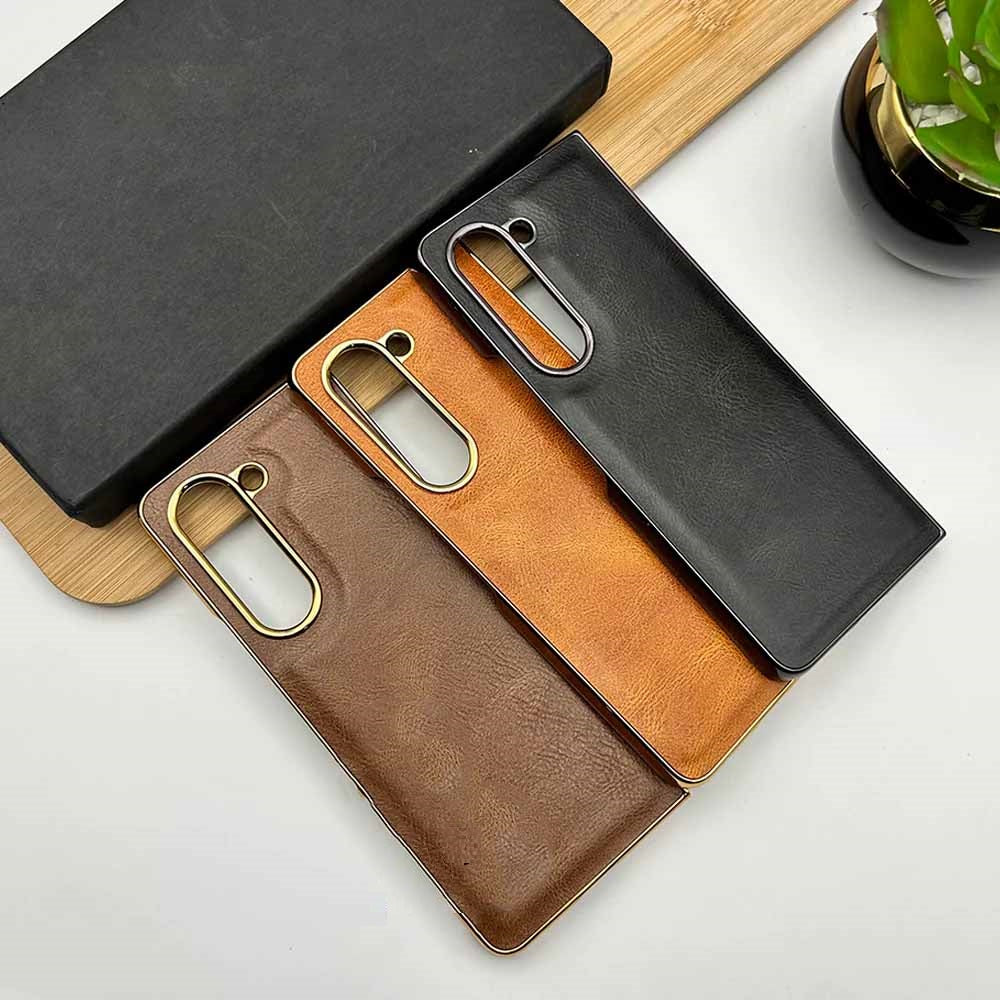 Samsung Galaxy Z Fold 6 Luxury Business Leather Gold Electroplating Case with Built-in Front Glass - Dark Brown
