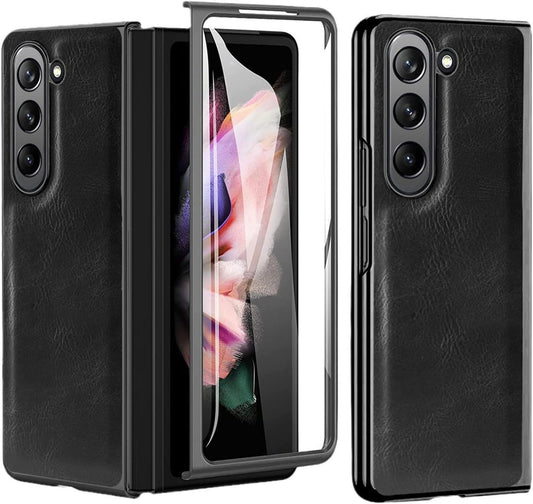 Samsung Galaxy Z Fold 5 PU Leather Chrome Plated With Front Screen Protector Case- Black