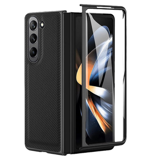 Samsung Galaxy Z Fold 5 Leather Carbon Fiber Slim Fit Case With Front Glass- Black