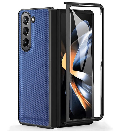 Samsung Galaxy Z Fold 5 Leather Carbon Fiber Slim Fit Case With Front Glass- Blue