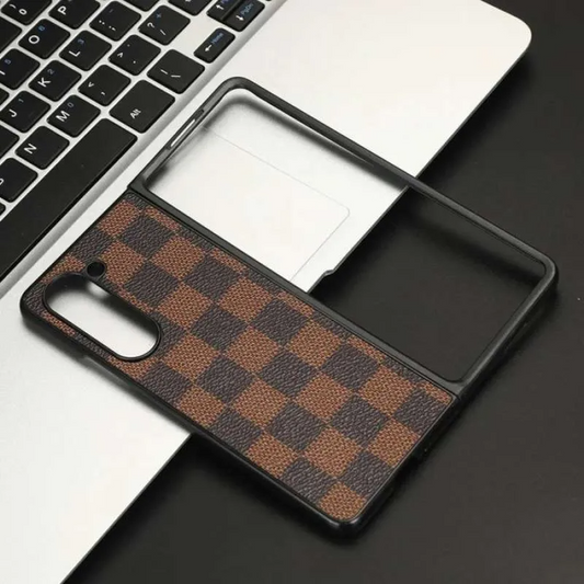 Samsung Galaxy Z Fold 5 Check Pattern Leather Back Case-Brown