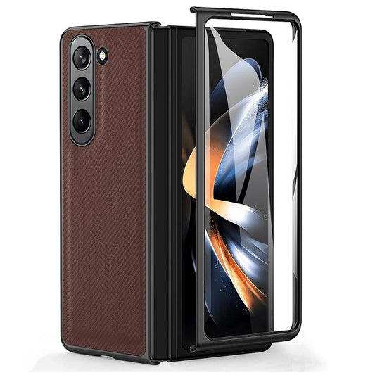 Samsung Galaxy Z Fold 5 Leather Carbon Fiber Slim Fit Case With Front Glass- Brown