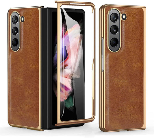 Samsung Galaxy Z Fold 5 PU Leather Chrome Plated With Front Screen Protector Case- Brown