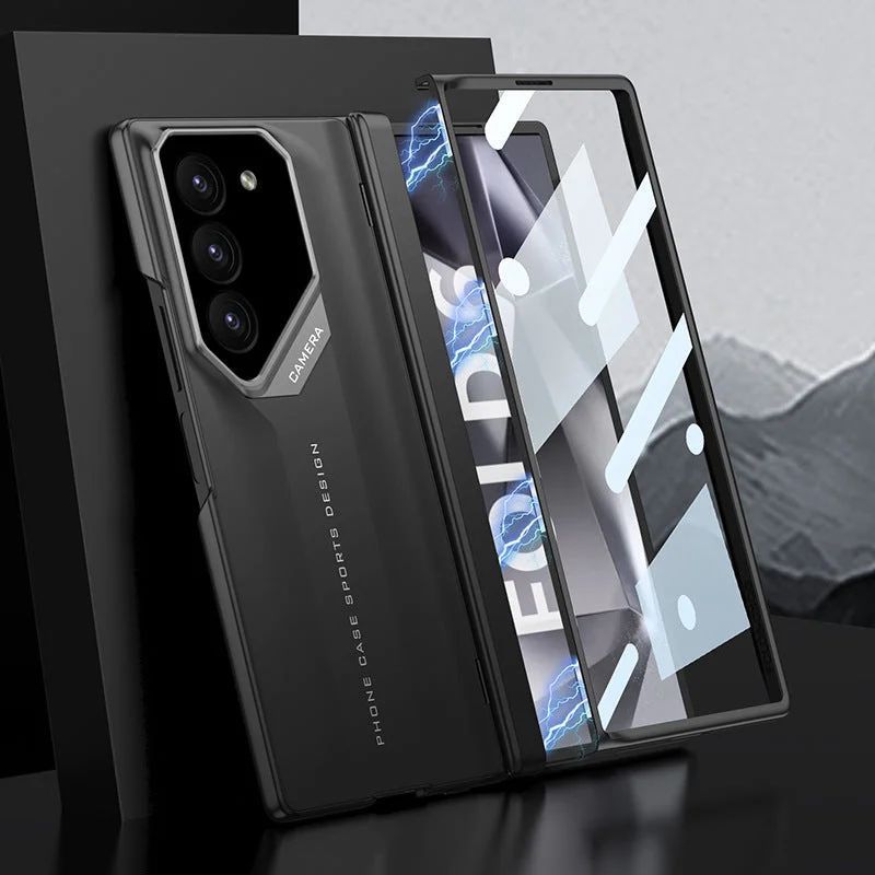 Samsung Galaxy Z Fold 6 Anti-Fingerprint Sport Car Design Case with Hinge Protection Inbuilt Front Glass - Black