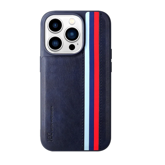 iPhone 14 Pro HBD Tri Stripes Genuine Leather Case - Black/Blue