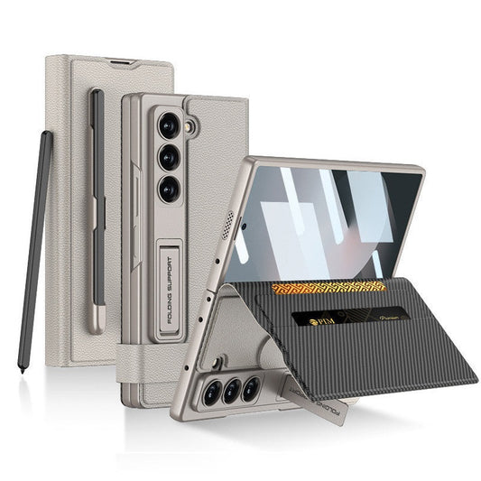 Samsung Galaxy Z Fold 6 GKK Leather Flip Cover Magnetic Swivel Buckle with Kickstand & S-Pen Holder - Titanium