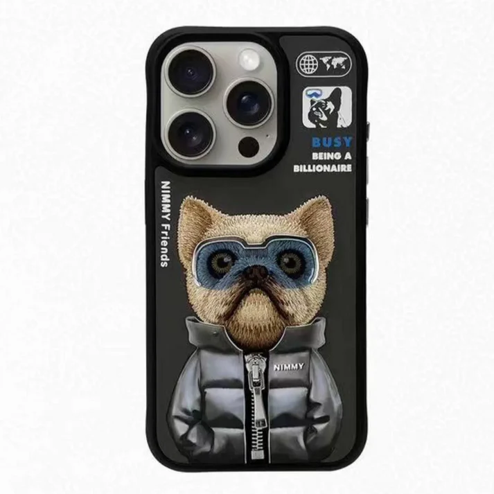 iPhone 15 Pro Max Nimmy Jacket Cool & Cute Embroidery Case Cover - Black