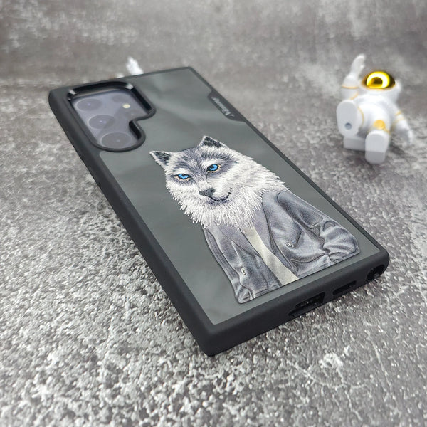 Samsung Galaxy S25 Ultra Nimmy Case, 3D Embroidery Wolf Leather Case - Grey