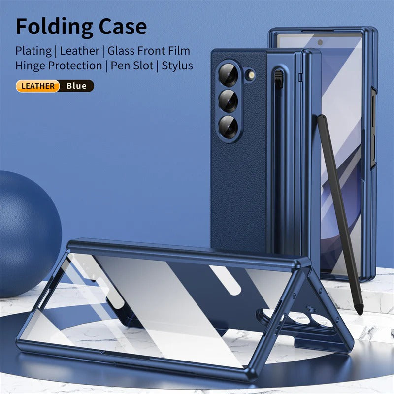 Samsung Galaxy Z Fold6 Leather Case, Electroplating S Pen Case with Kickstand & Hinge Protection - Blue