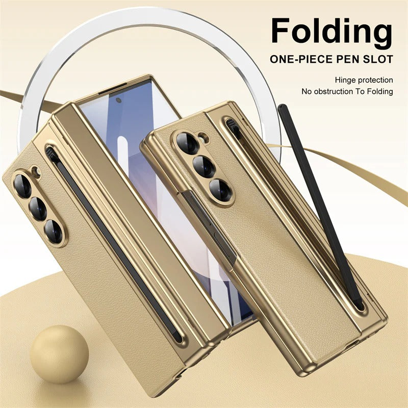 Samsung Galaxy Z Fold6 Leather Case, Electroplating S Pen Case with Kickstand & Hinge Protection - Gold