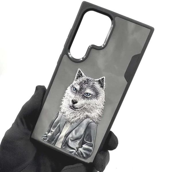 Samsung Galaxy S25 Ultra Nimmy Case, 3D Embroidery Wolf Leather Case - Grey