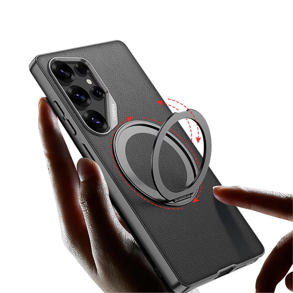 Samsung Galaxy S25 Ultra Leather Case, Premium Leather with 360° Rotatable Magnetic Ring Kickstand - Orange