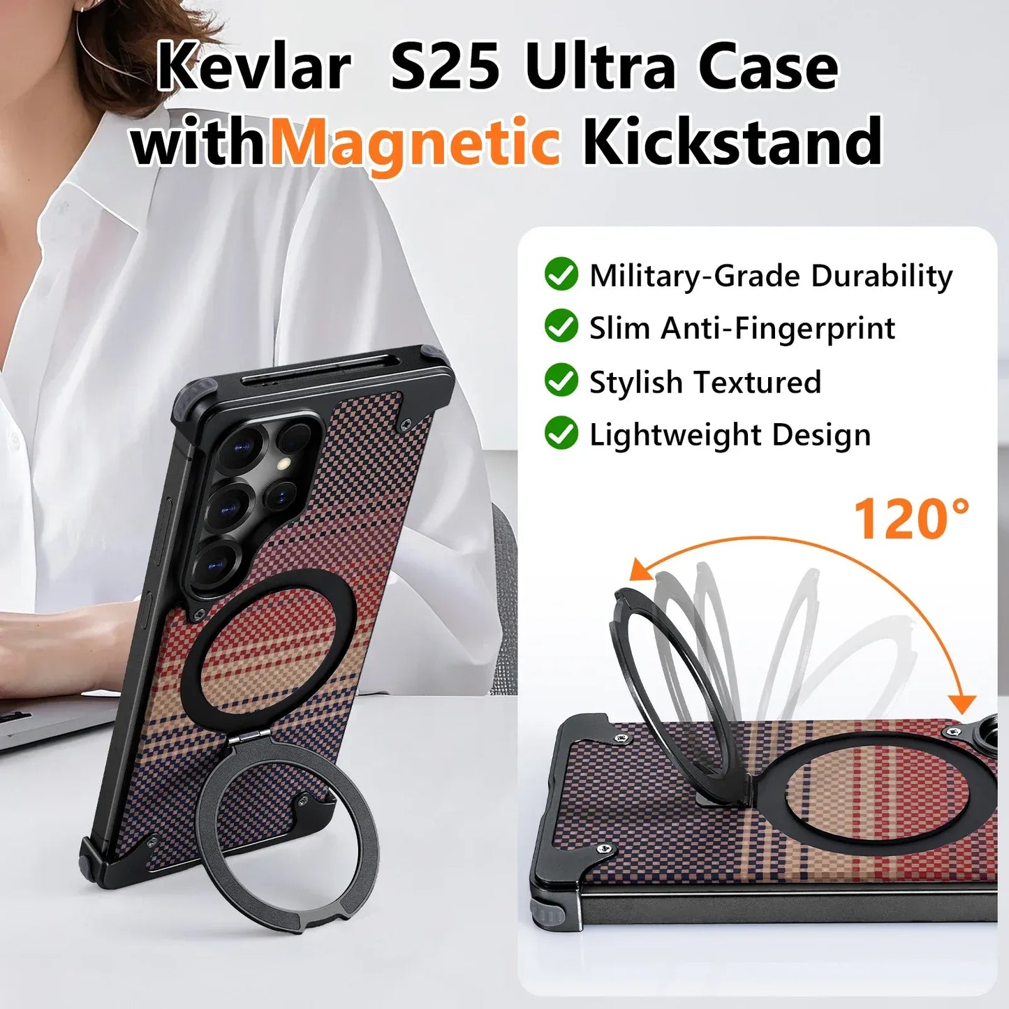 Samsung Galaxy S25 Ultra Metal Case, Frameless Leather Magnetic Invisible Stand Cover - Black