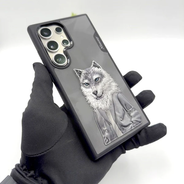 Samsung Galaxy S25 Ultra Nimmy Case, 3D Embroidery Wolf Leather Case - Grey