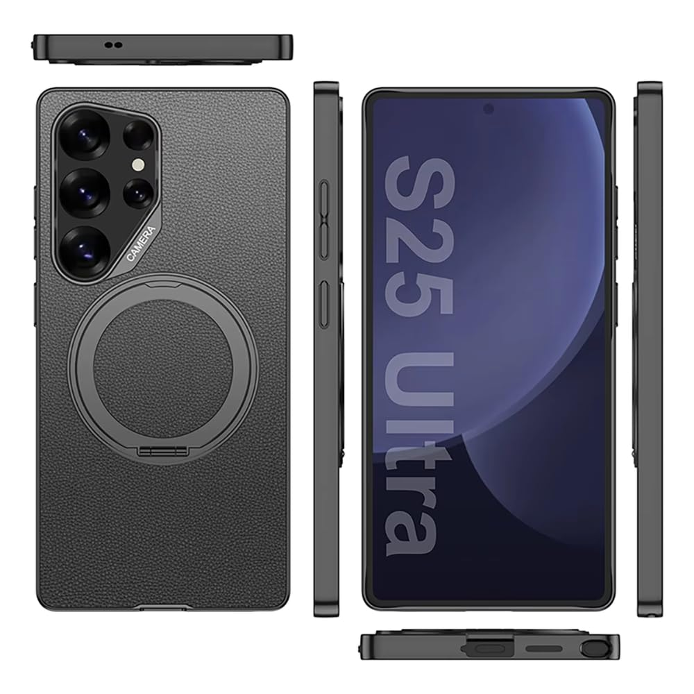 Samsung Galaxy S25 Ultra Leather Case, Leather Cover 360° Rotatable Ring Kickstand - Purple