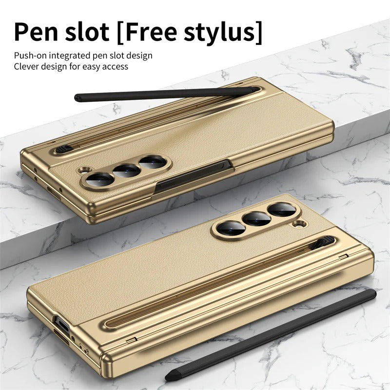 Samsung Galaxy Z Fold6 Leather Case, Electroplating S Pen Case with Kickstand & Hinge Protection - Gold