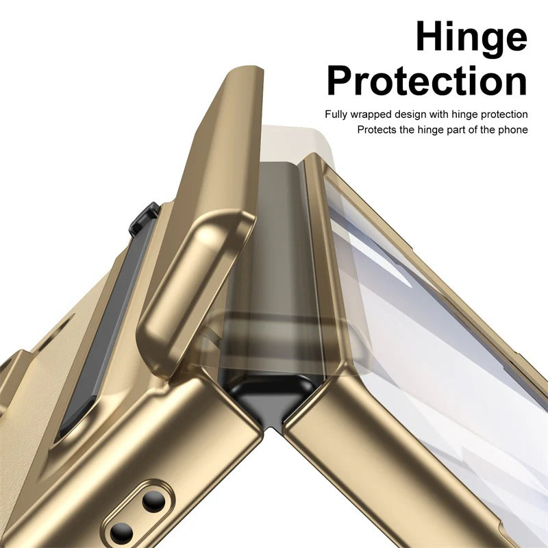 Samsung Galaxy Z Fold6 Leather Case, Electroplating S Pen Case with Kickstand & Hinge Protection - Gold