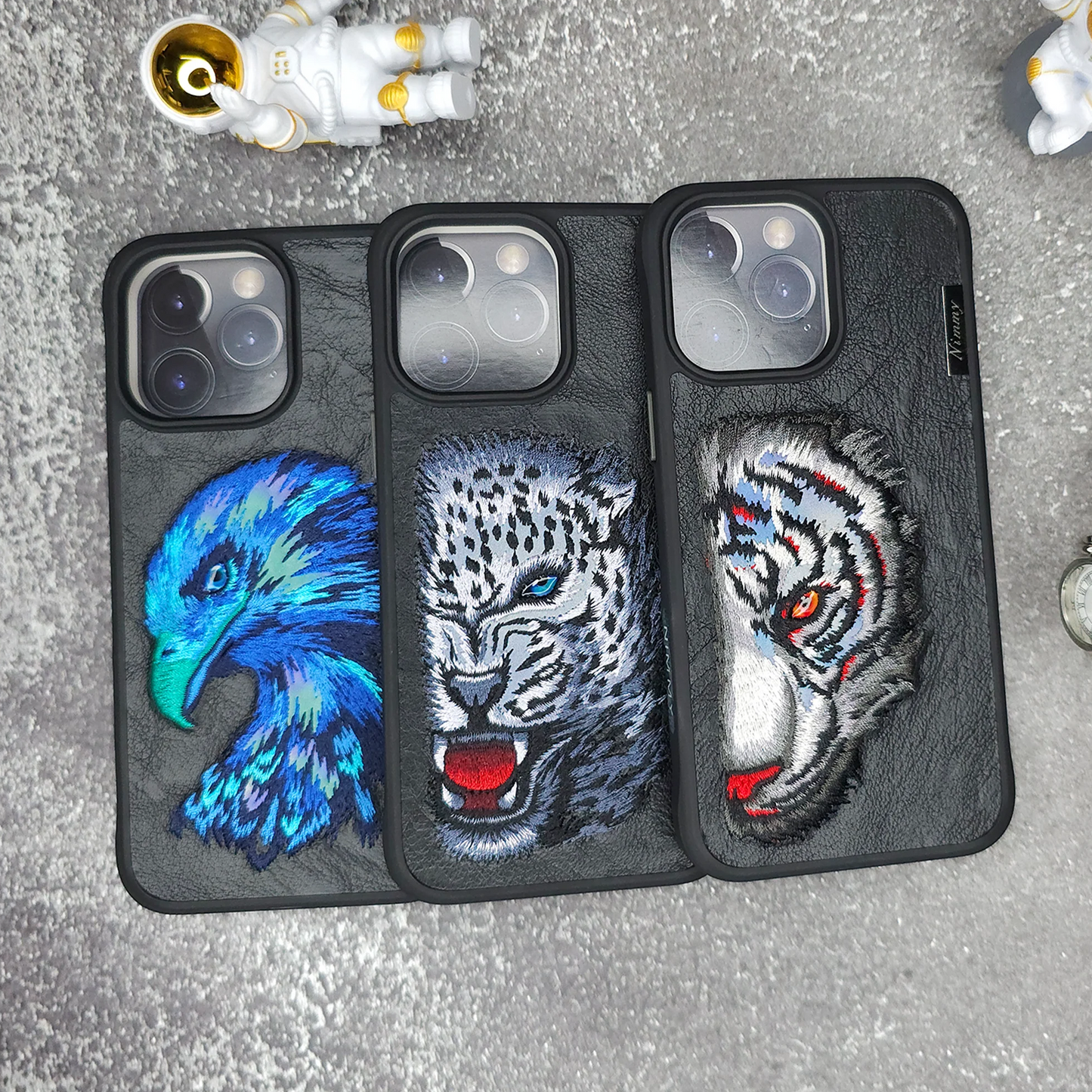 iPhone 14 Pro Max Nimmy 3D Embroided Animal Face Leather Case - Black