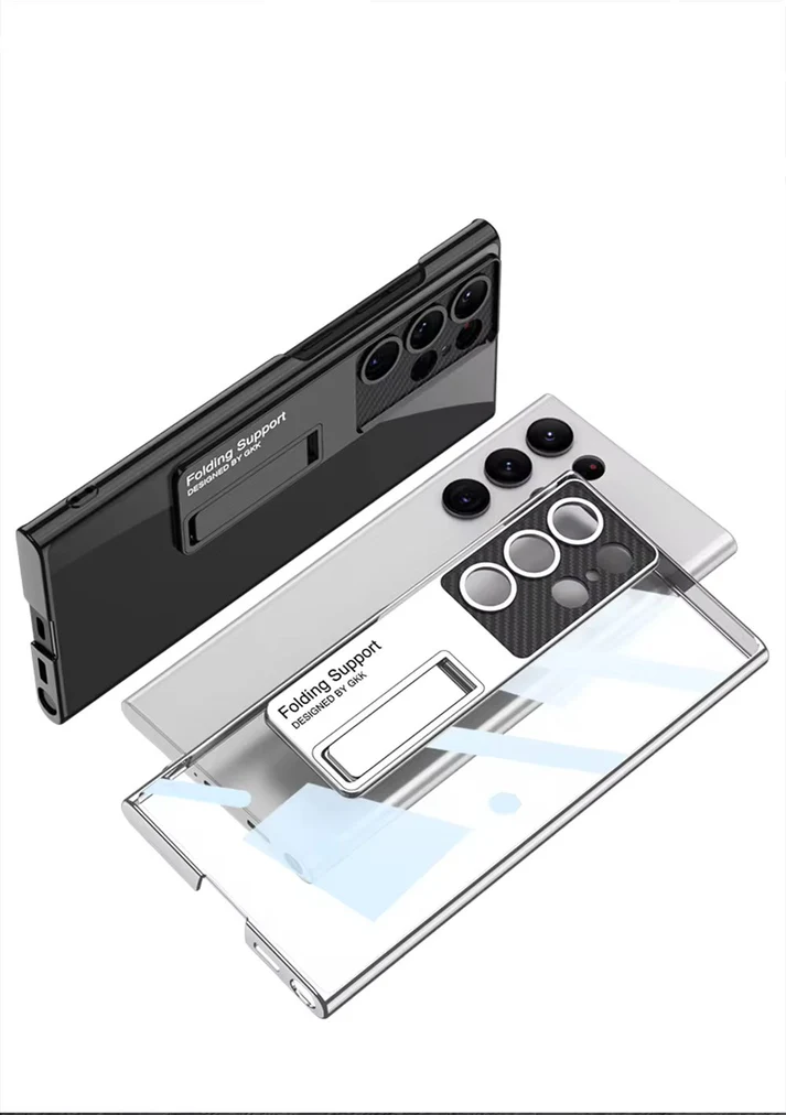 Samsung Galaxy S24 Ultra Luxury Transparent Electroplating Crystal Clear Carbon Camera with Kickstand - Silver / Wine