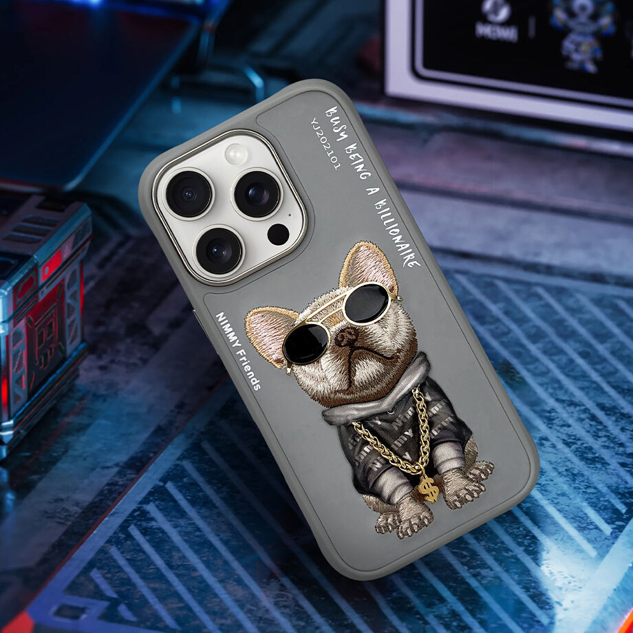 iPhone 16 Pro Nimmy 3D Embroidery Chain Swag Dog Case - Grey