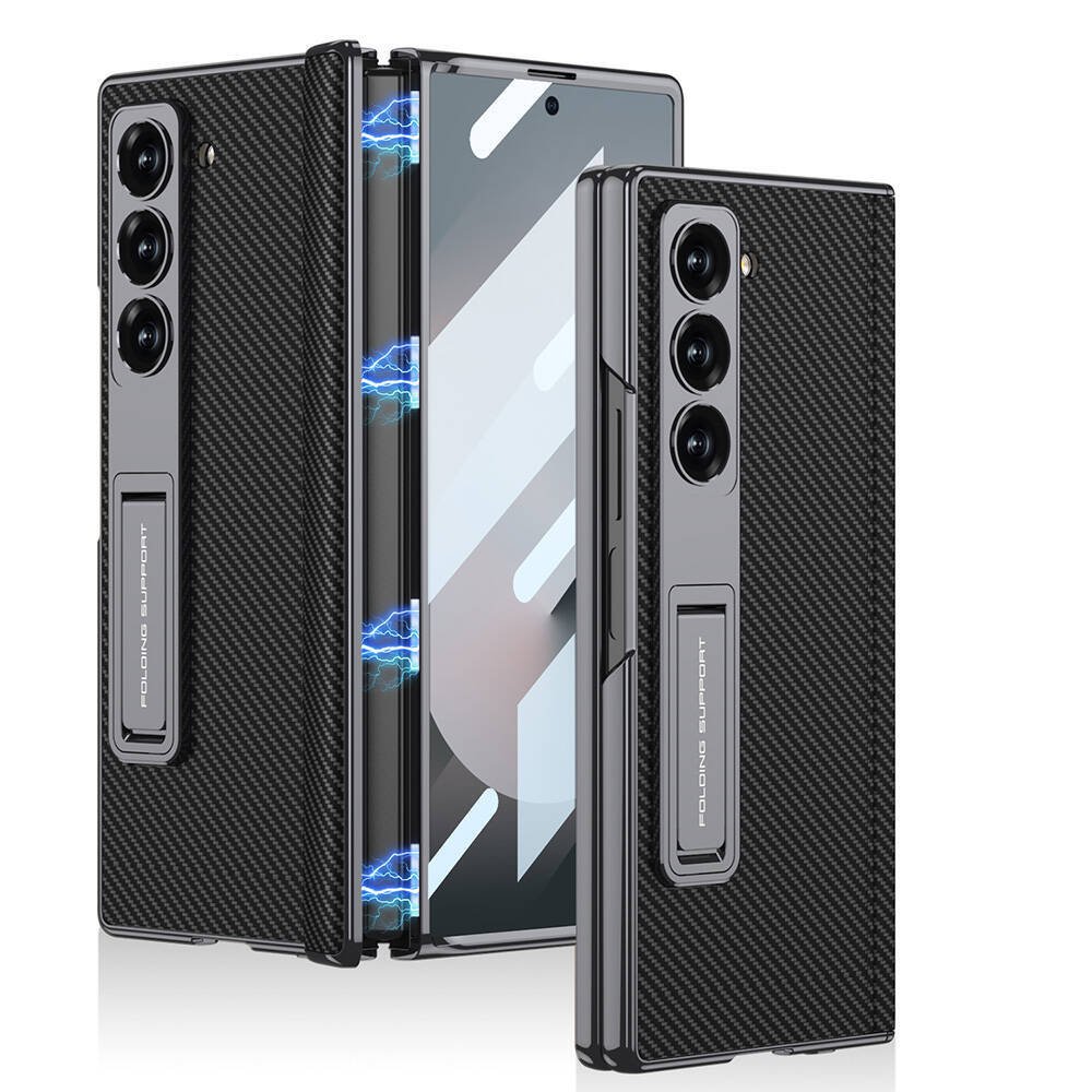 Samsung Galaxy Z Fold6 Leather Case, Phantom Series Kickstand Leather with Magnetic Hinge Protection - Carbon