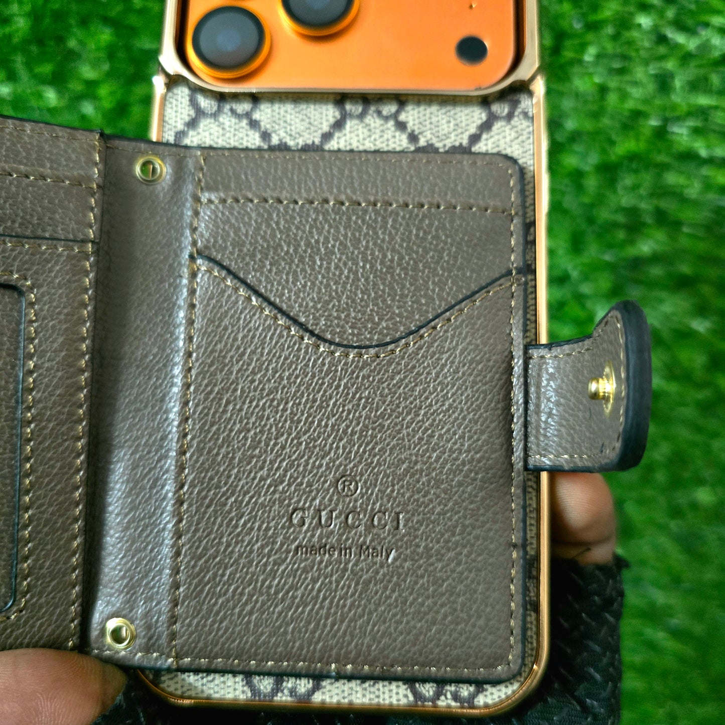 iPhone 17 Pro Max Luxurious Electroplating GG Leather Case with Card Holder Wallet