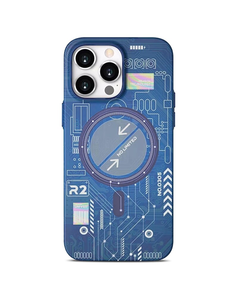 iPhone 15 Night Glow Case Futuristic Tech Design with Magsagfe - Blue