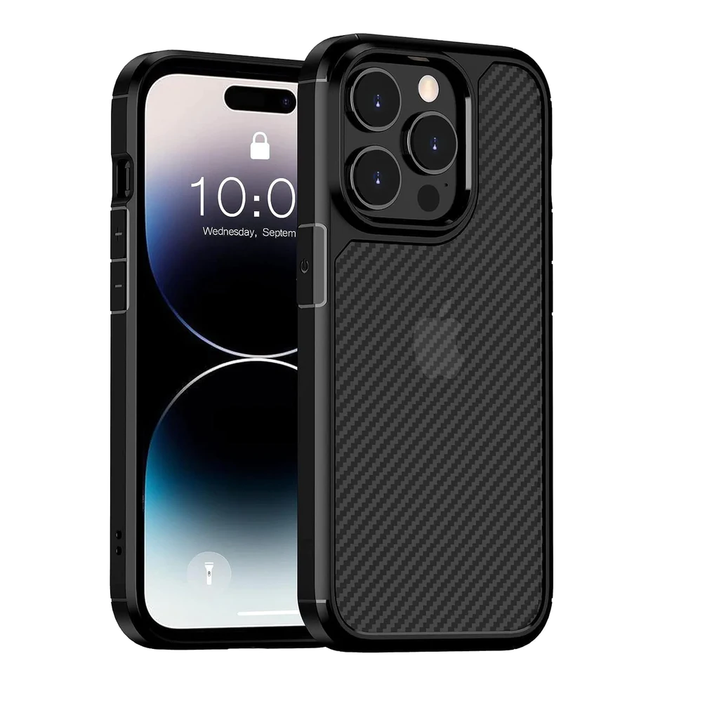 iPhone 15 Pro Max Carbon Fiber Texture Translucent Shockproof Case - Black