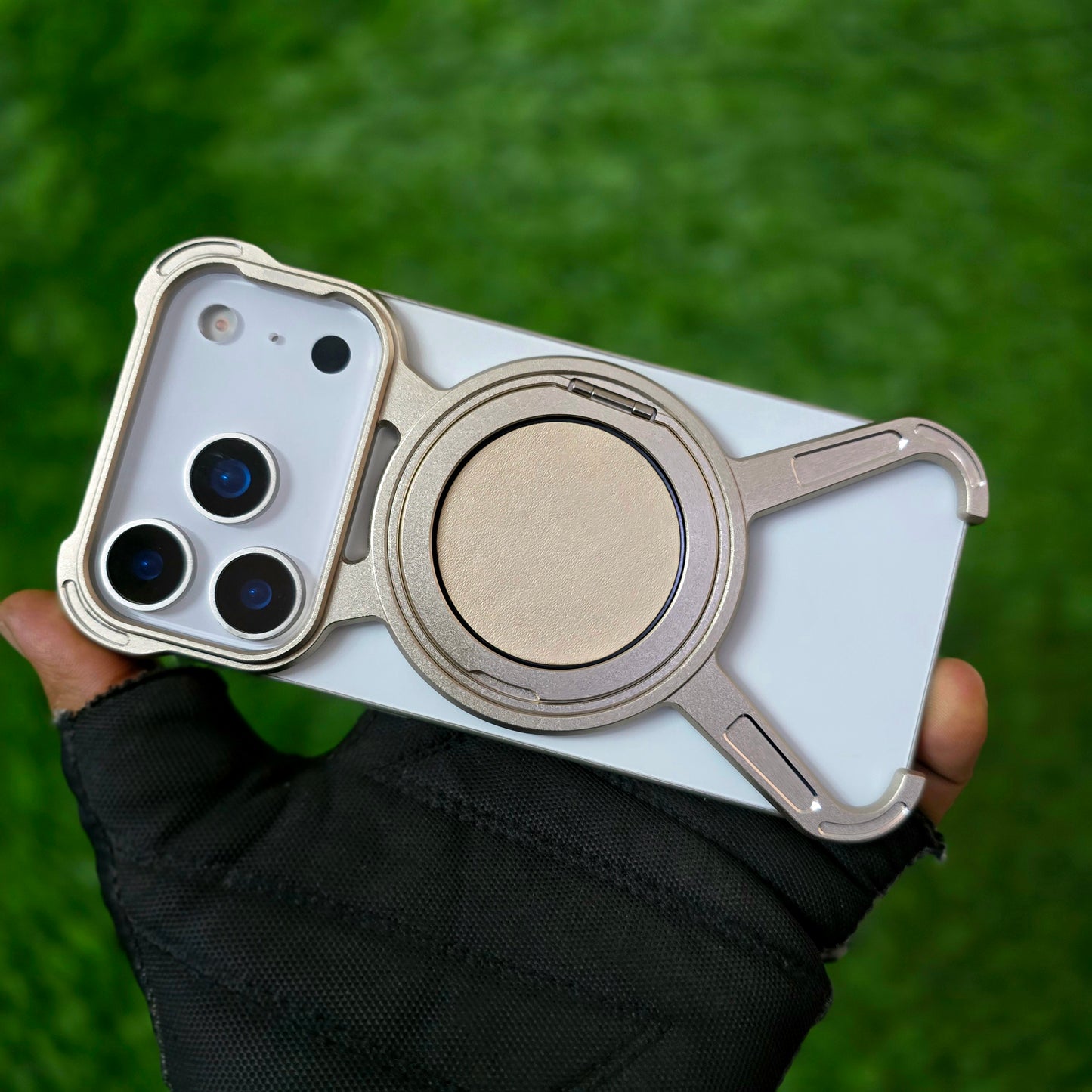 iPhone 17 Pro Max Metal X-Shape Frameless Bumper Case 360° Rotatable Stand with Magsafe - Desert Titanium