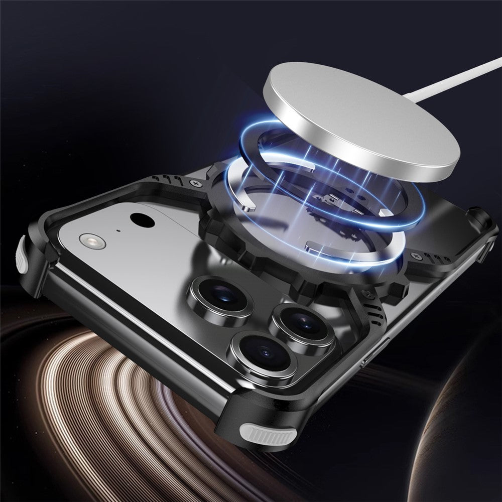 iPhone 17 Pro Metal Bumper Case, Aluminum Alloy X-Shape Luminous Kickstand with Magsafe - Black