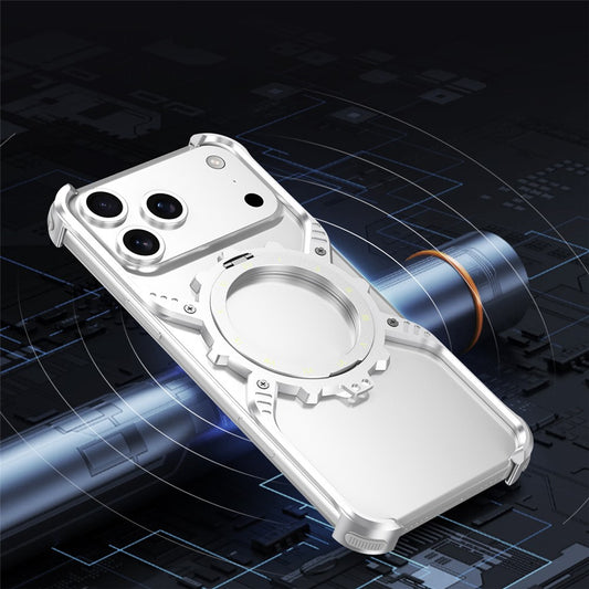 iPhone 17 Pro Metal Bumper Case, Aluminum Alloy X-Shape Luminous Kickstand with Magsafe - Silver