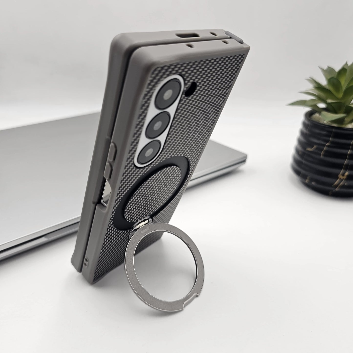 Samsung Galaxy Z Fold7 Carbon Case with Corner Bump and Magnetic Magsafe Ring Kickstand - Grey
