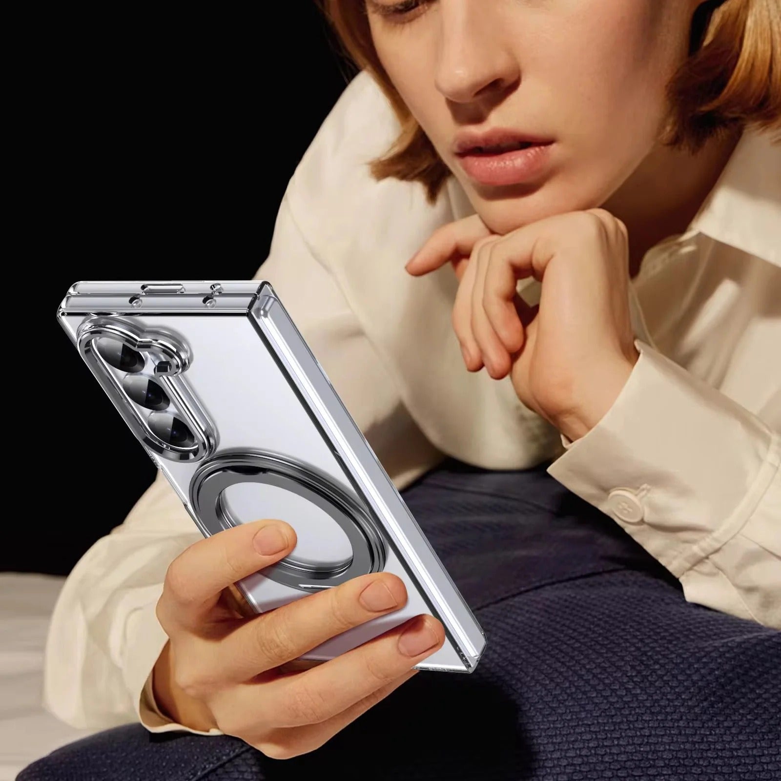 Samsung Galaxy Z Fold7 Anti Yellow 360° Rotating Ring Stand Magnetic Case with Magsafe - Clear