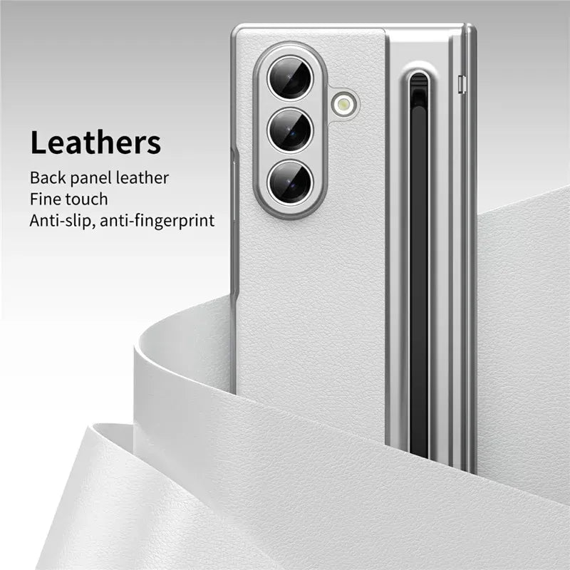Samsung Galaxy Z Fold7 Leather Case, Electroplating S Pen Case with Kickstand & Hinge Protection - White