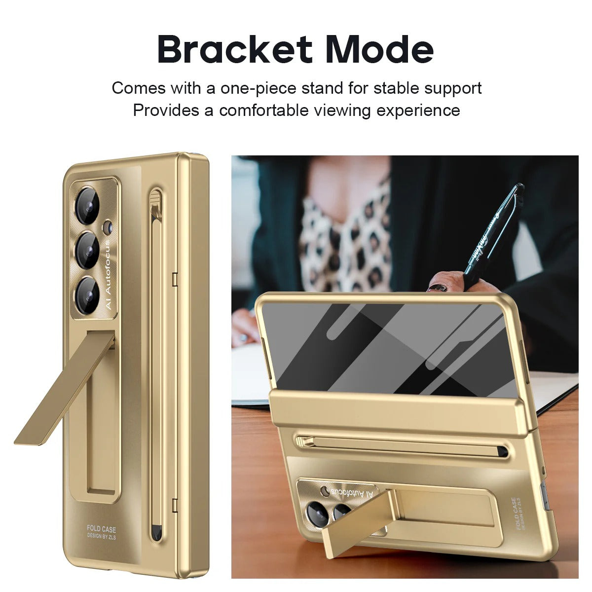 Samsung Galaxy Z Fold7 Electroplating Autofocus S-Pen Case with Kickstand Hinge Protection & Front Glass - Gold