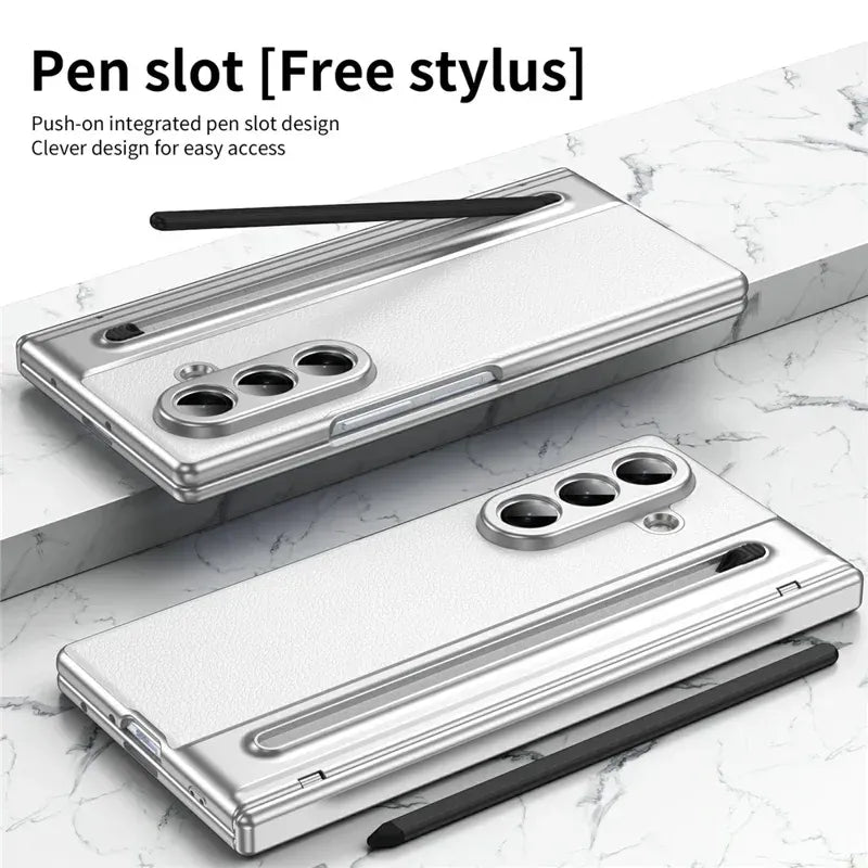 Samsung Galaxy Z Fold7 Leather Case, Electroplating S Pen Case with Kickstand & Hinge Protection - White