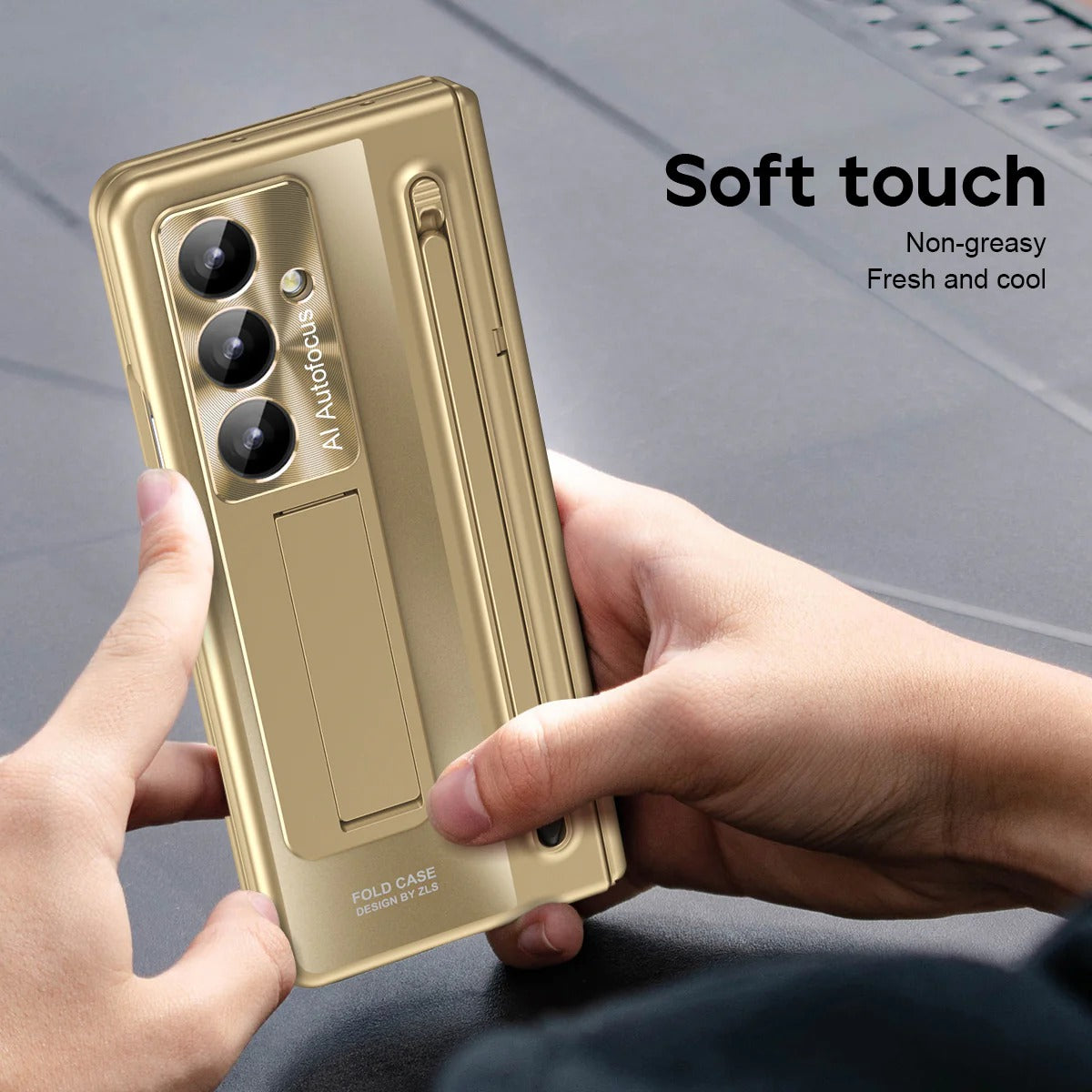 Samsung Galaxy Z Fold7 Electroplating Autofocus S-Pen Case with Kickstand Hinge Protection & Front Glass - Gold