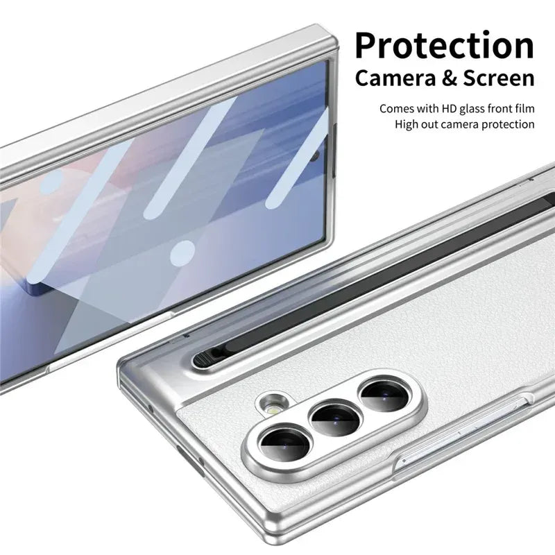 Samsung Galaxy Z Fold7 Leather Case, Electroplating S Pen Case with Kickstand & Hinge Protection - White