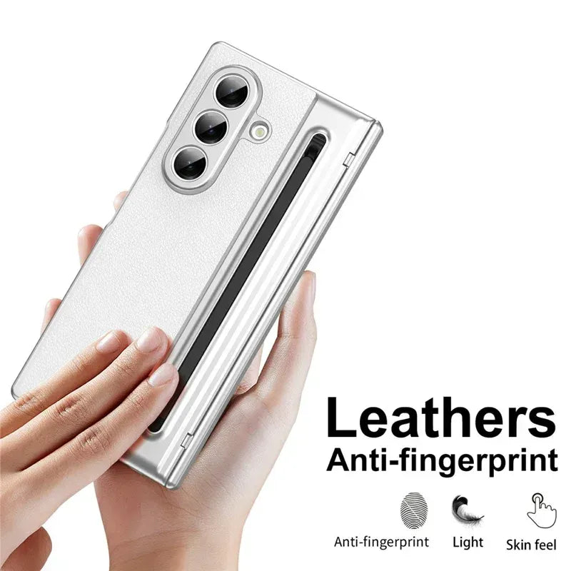 Samsung Galaxy Z Fold7 Leather Case, Electroplating S Pen Case with Kickstand & Hinge Protection - White