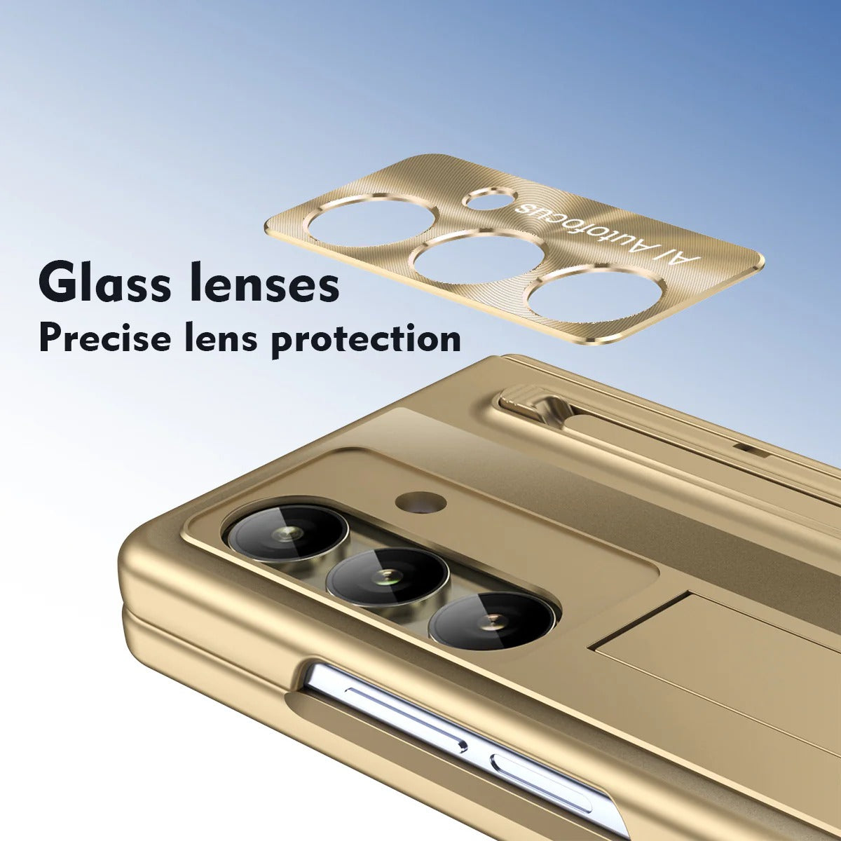Samsung Galaxy Z Fold7 Electroplating Autofocus S-Pen Case with Kickstand Hinge Protection & Front Glass - Gold