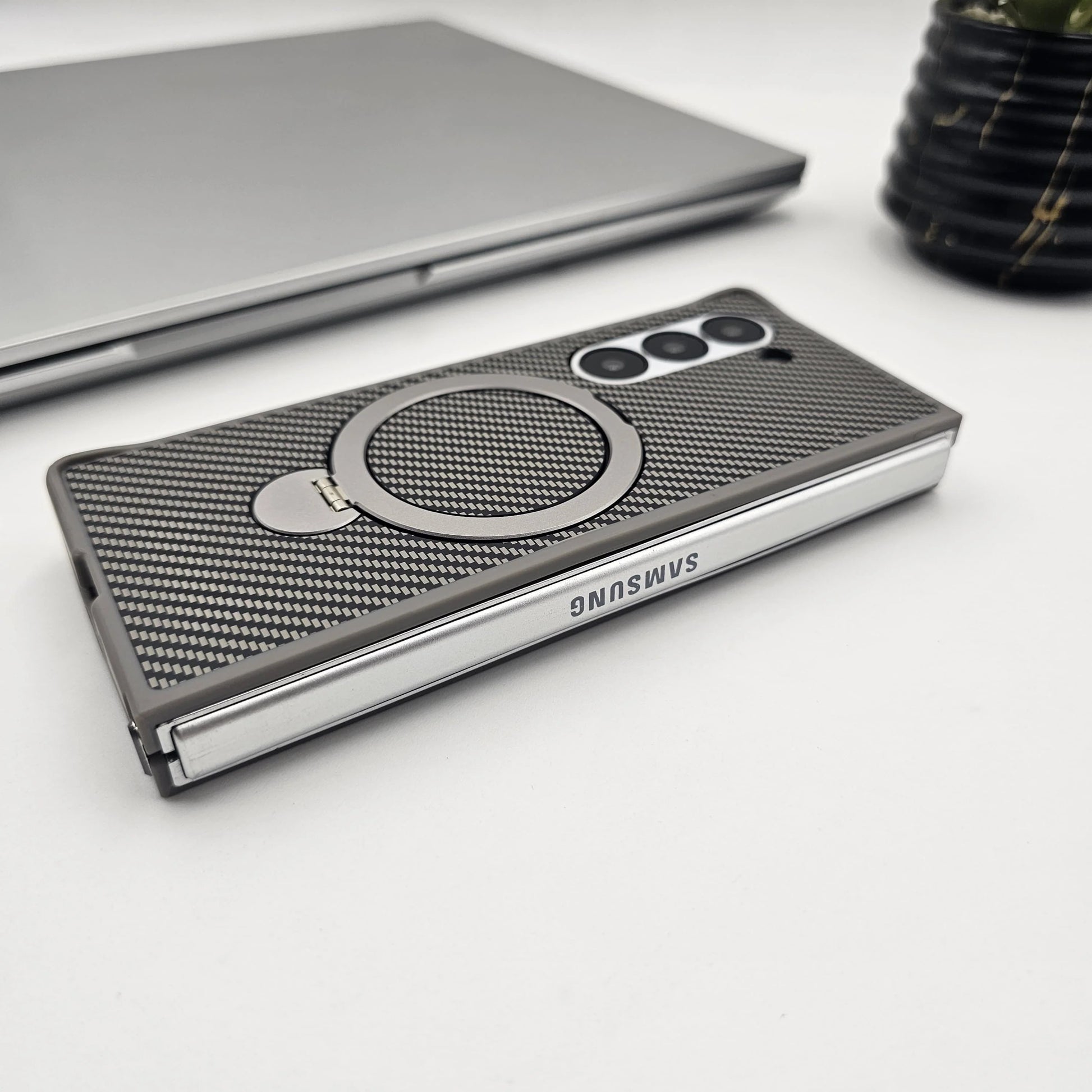 Samsung Galaxy Z Fold7 Carbon Case with Corner Bump and Magnetic Magsafe Ring Kickstand - Grey