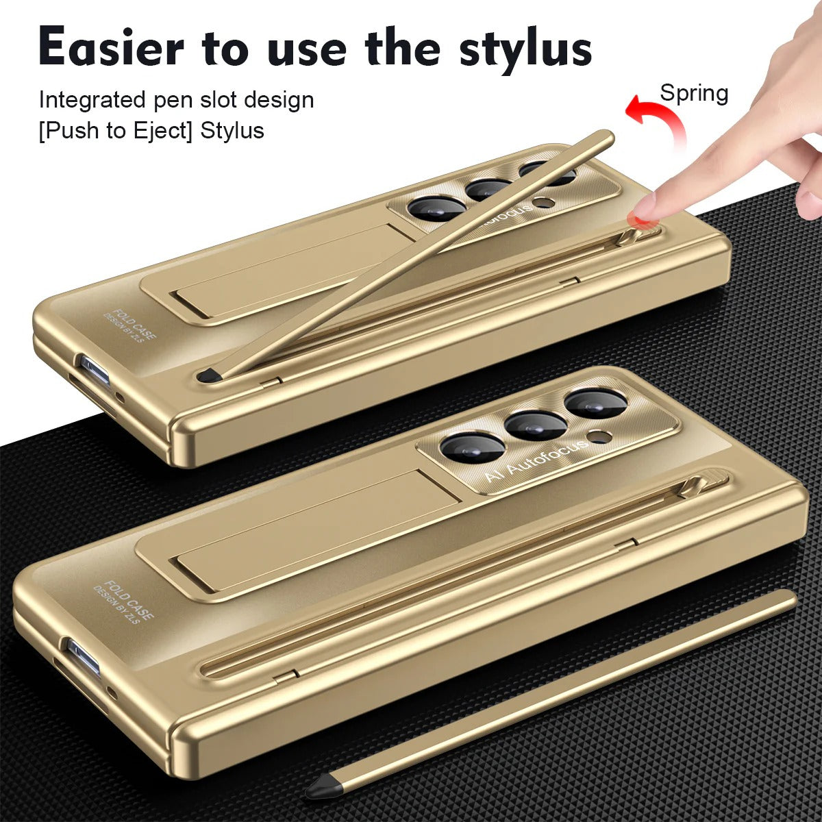 Samsung Galaxy Z Fold7 Electroplating Autofocus S-Pen Case with Kickstand Hinge Protection & Front Glass - Gold