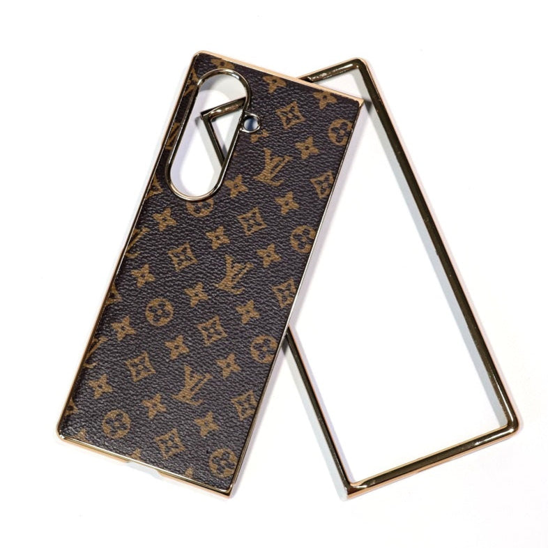 Samsung Galaxy Z Fold7 LV Leather Case, Gold Electroplated Luxurious Premium Louis Vuitton Leather Case