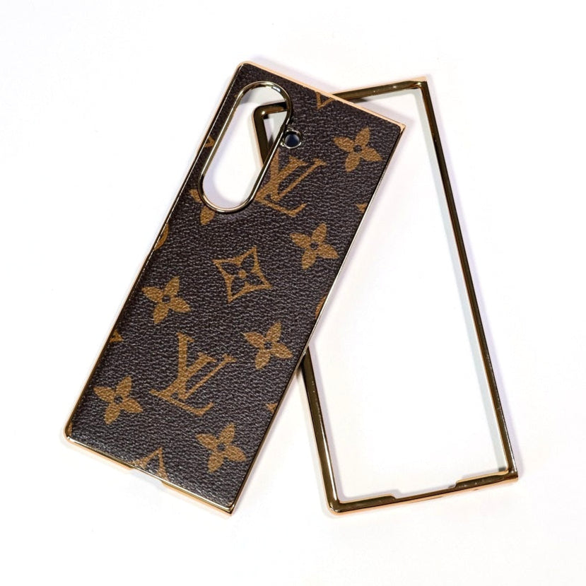 Samsung Galaxy Z Fold7 LV Leather Case, Gold Electroplated Luxurious Premium Louis Vuitton Leather Case
