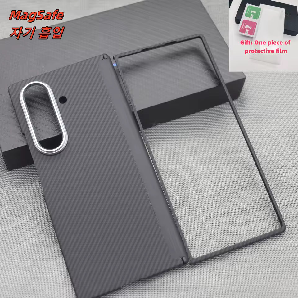 Samsung Galaxy Z Fold7 Slim Carbon Case, 0.6mm Thin Carbon Fiber Case with Magsafe, Hinge Protection & Front Glass - Black