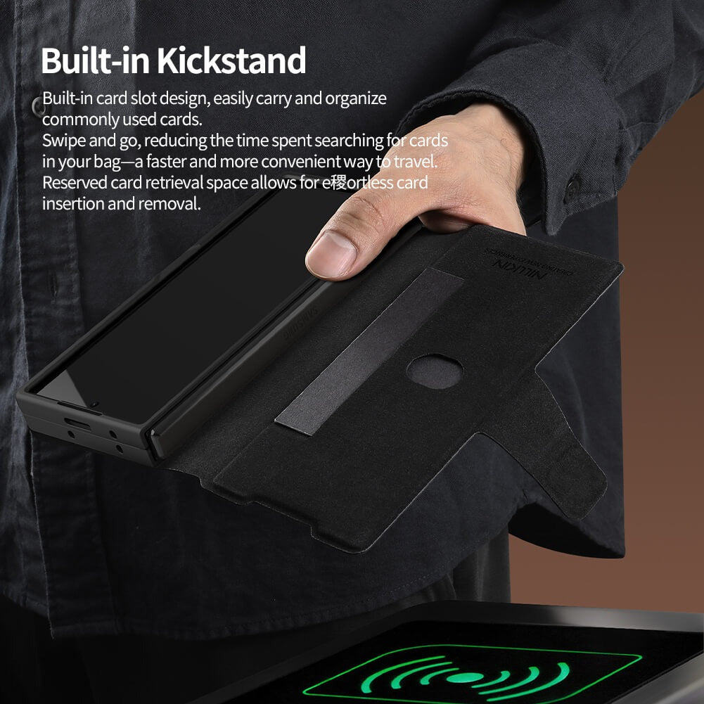 Samsung Galaxy Z Fold7 Nillkin Aoge Genuine Leather Case with Spen Slot and Kickstand - Black